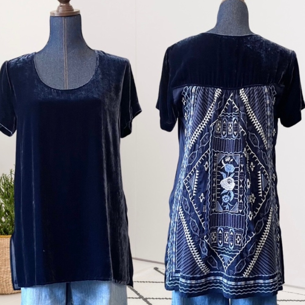Johnny Was Taylor Navy Velvet Embroidered Back Tunic Top XS